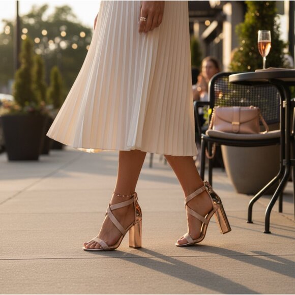 Windsor ✦ Glitzy Rhinestone Chrome Block Heels ✦ Rose Gold Almond Toe 8.5 NWT - Picture 3 of 10